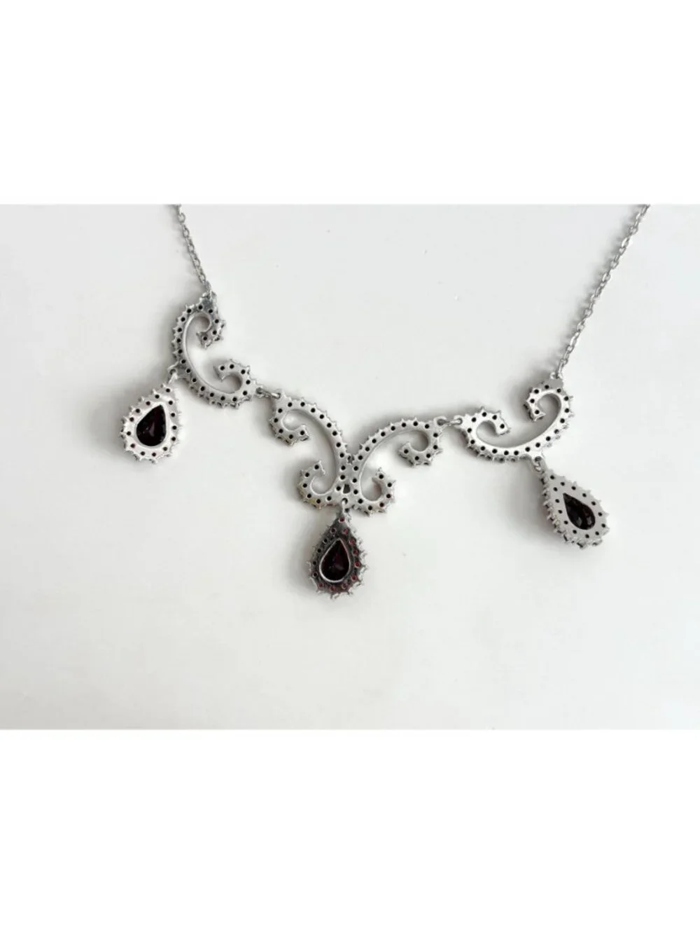 Art Deco Dark Red Teardrop Sterling Silver 925 Vintage Pendant Necklace - 19